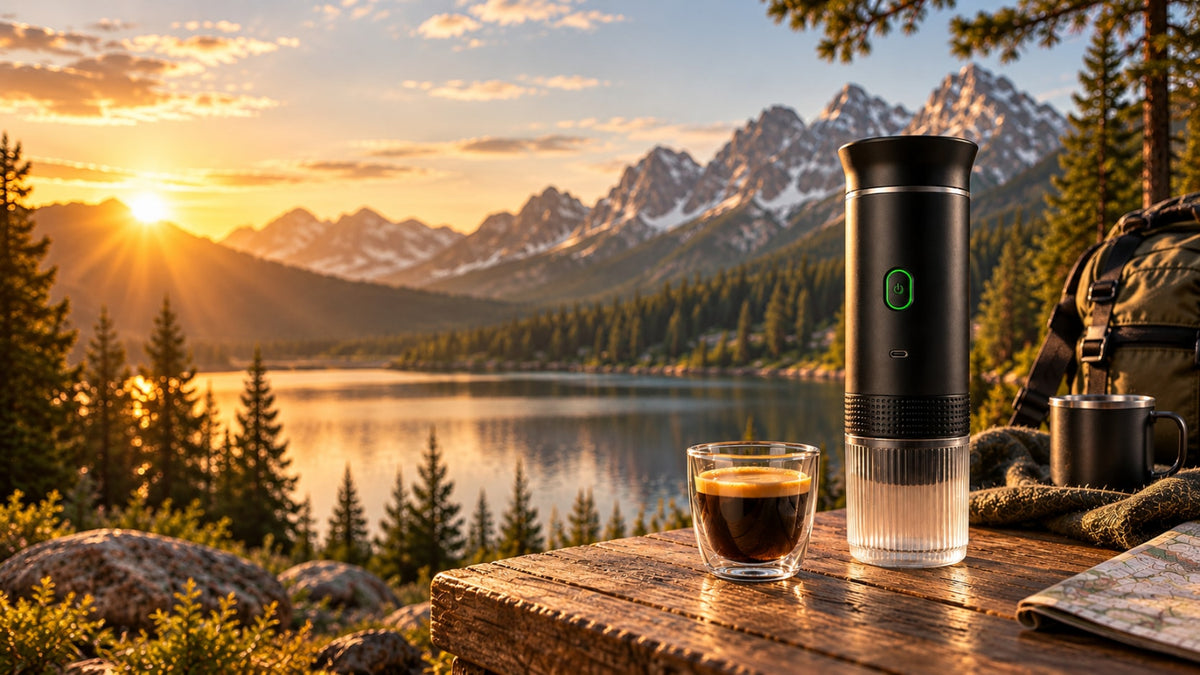 Aervesso portable espresso maker brewing coffee by a mountain lake